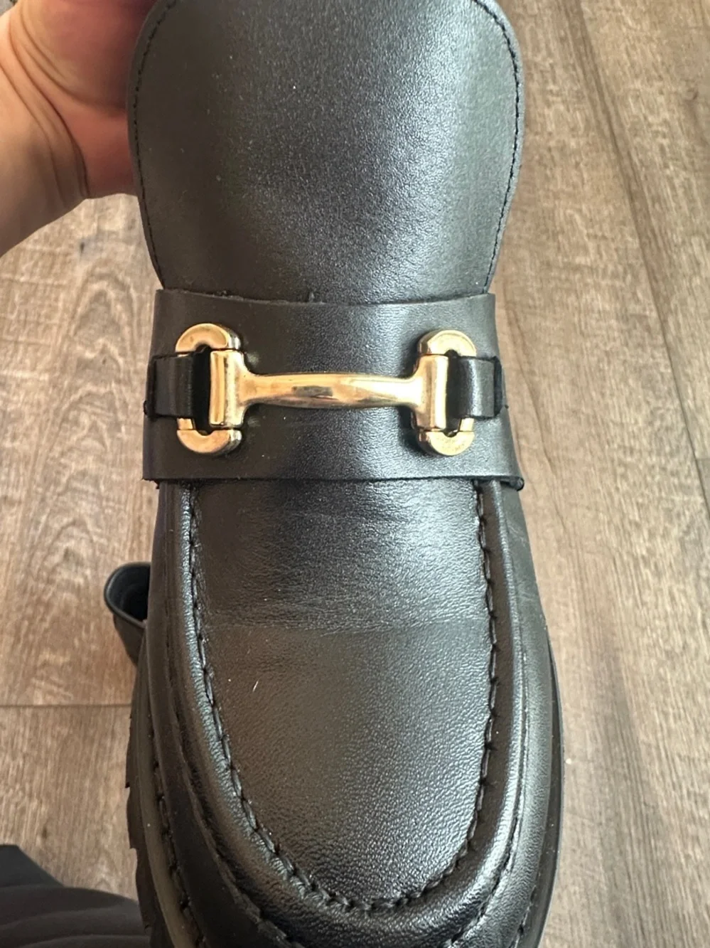 Steve Madden Black Leather Ankle Loafers with Gold Hardware